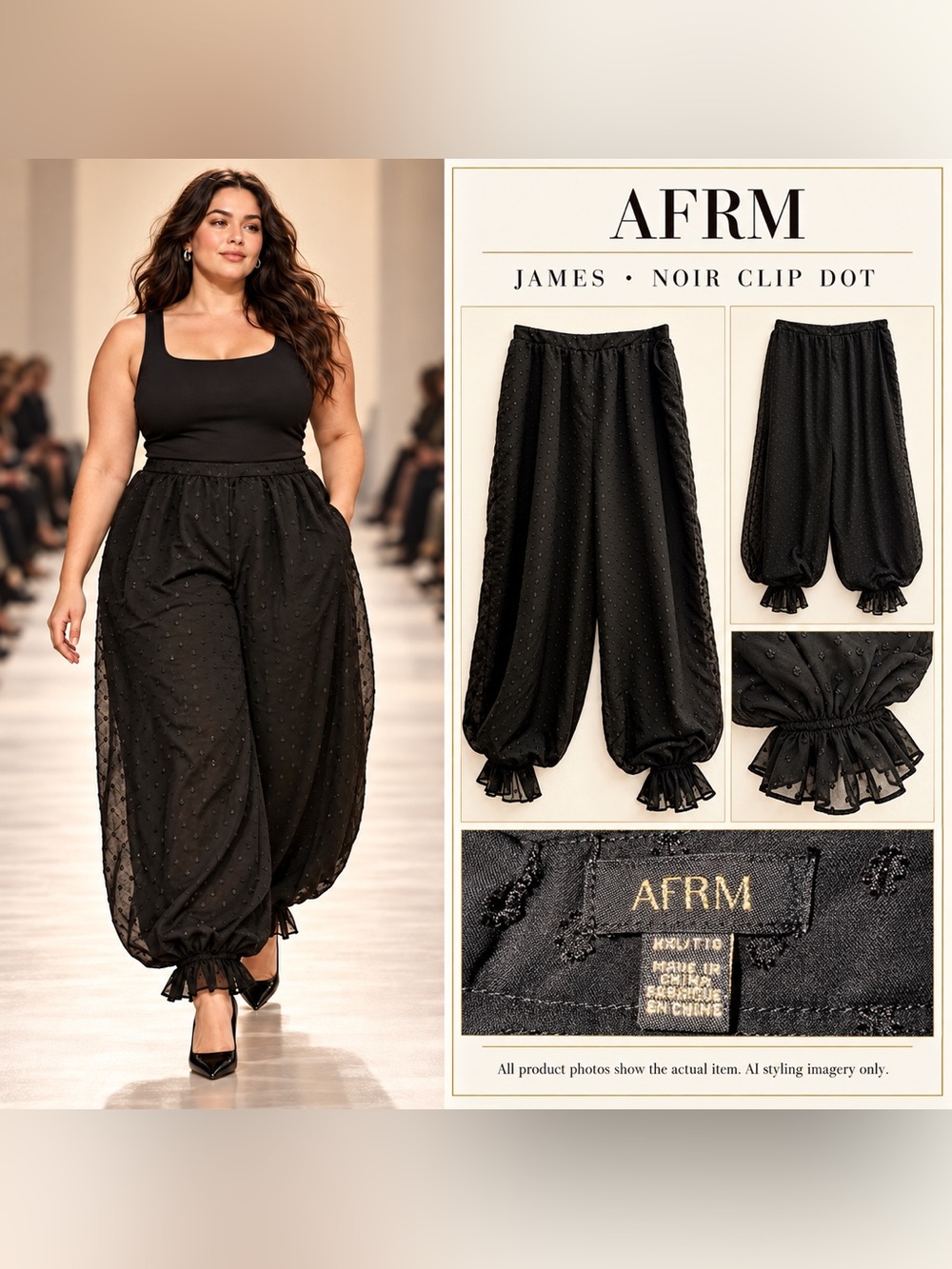 AFRM James 1X Black Clip Dot Balloon Pants Ruffle Cuffs Pockets runway style